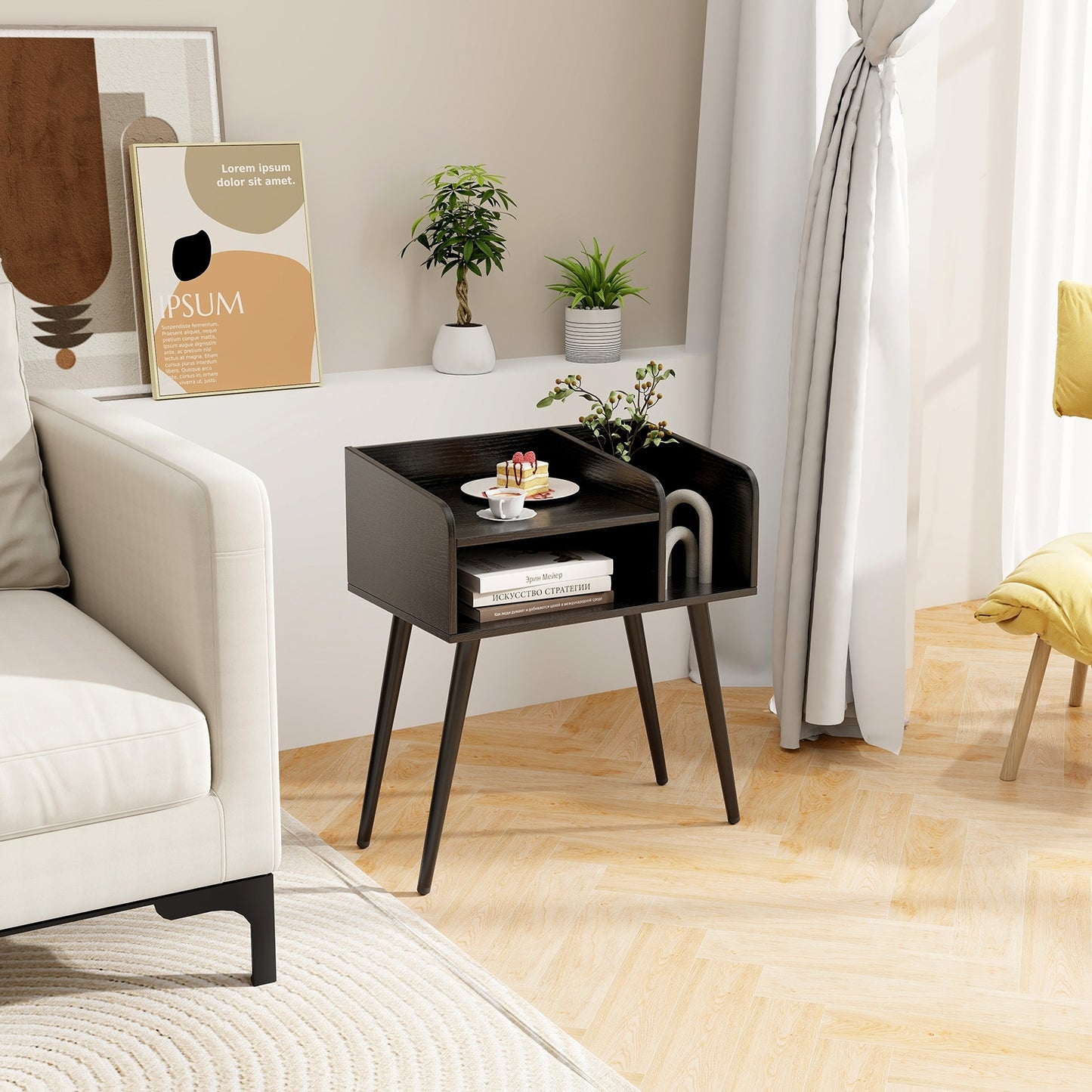 Mid Century Modern Nightstand  with Open Shelves-Black Kids Crystal