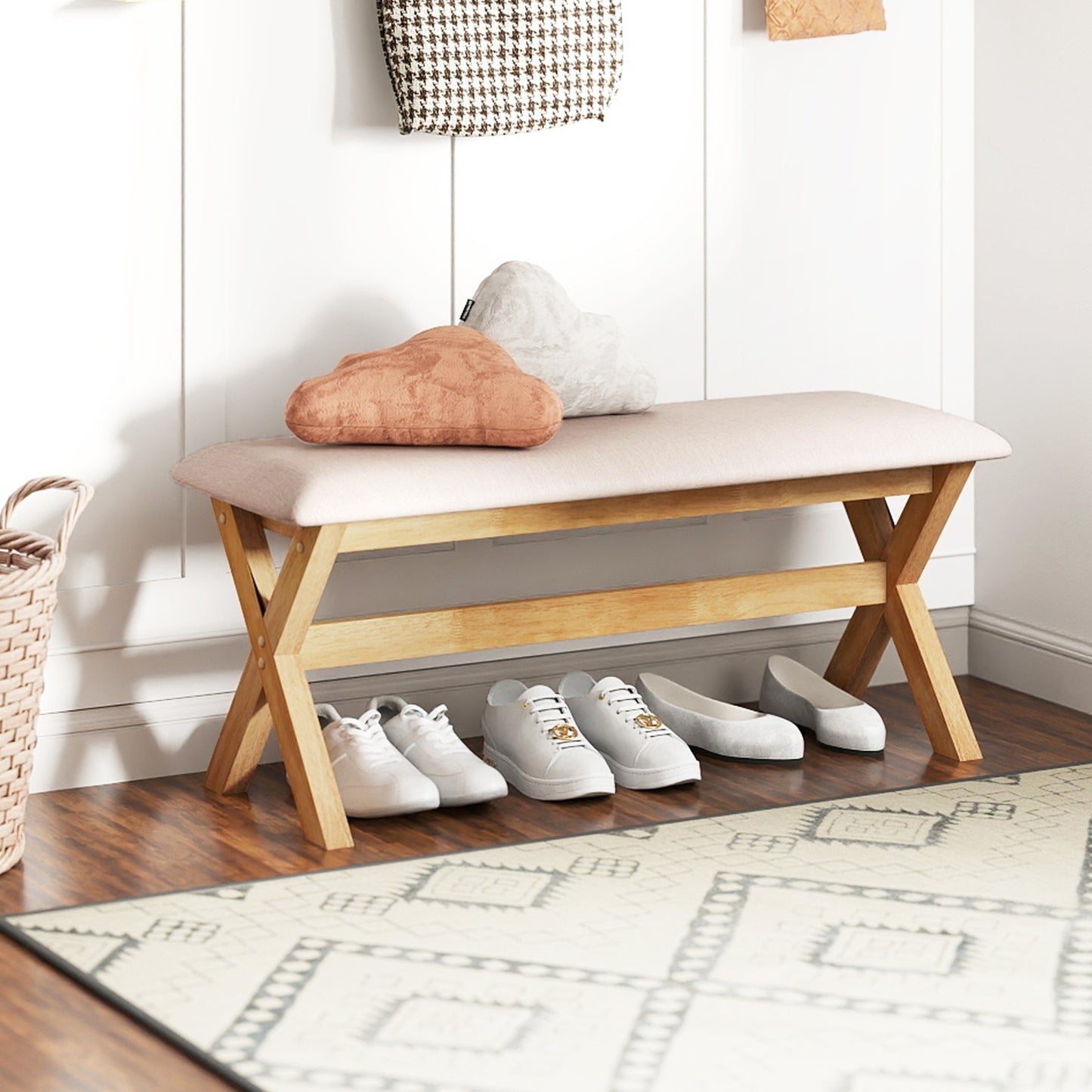 Upholstered Entryway Bench Rubber Wood Bench with Thick Padded Seat-Natural Kids Crystal