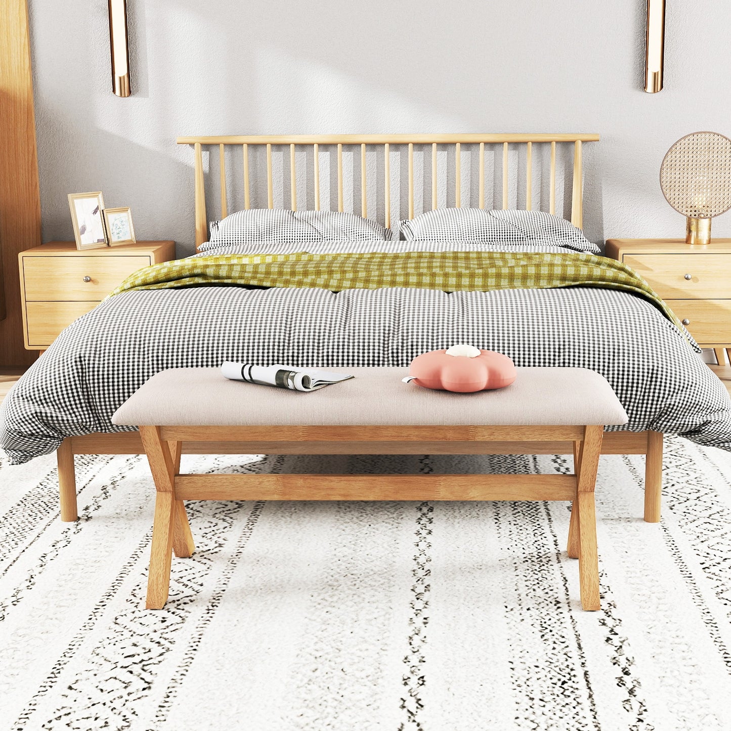 Upholstered Entryway Bench Rubber Wood Bench with Thick Padded Seat-Natural Kids Crystal