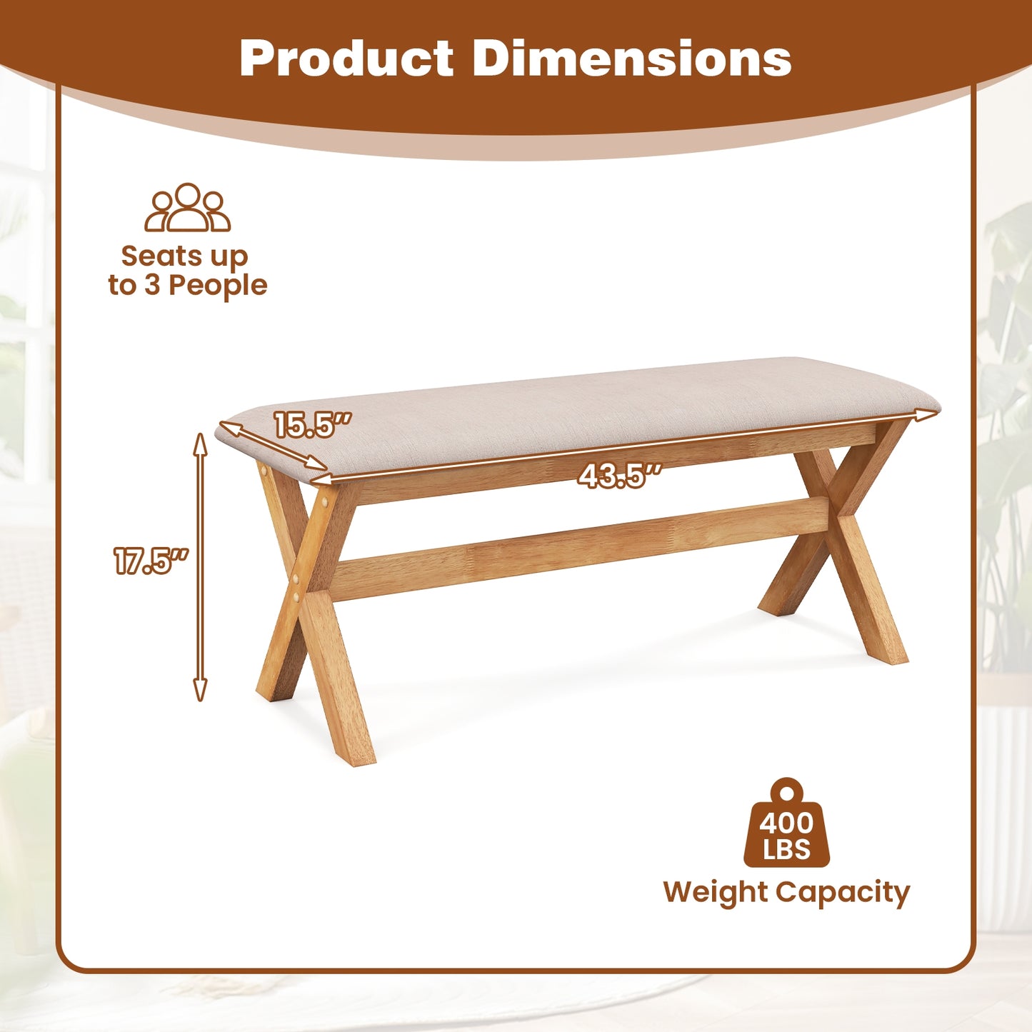 Upholstered Entryway Bench Rubber Wood Bench with Thick Padded Seat-Natural Kids Crystal