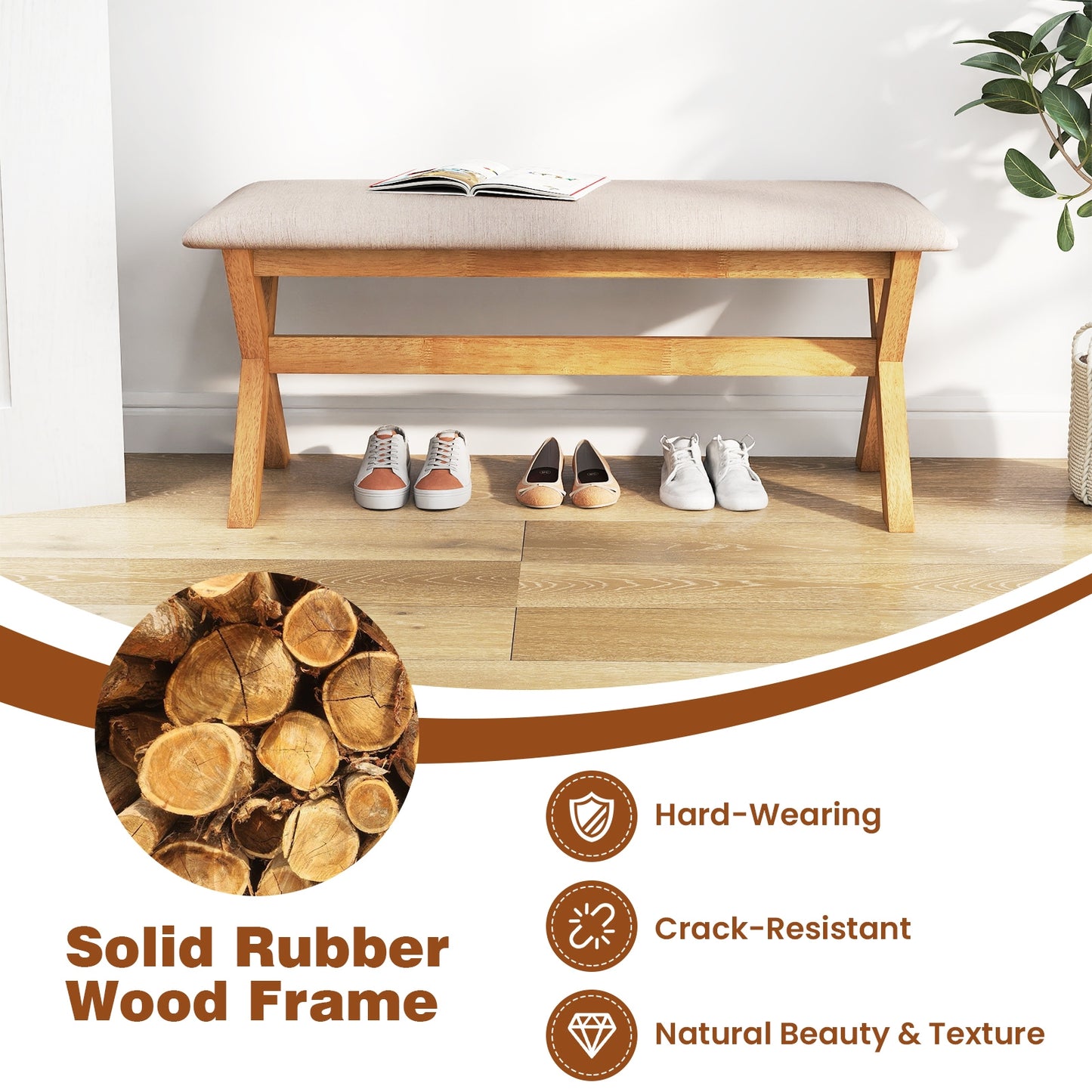 Upholstered Entryway Bench Rubber Wood Bench with Thick Padded Seat-Natural Kids Crystal