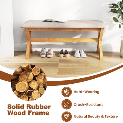 Upholstered Entryway Bench Rubber Wood Bench with Thick Padded Seat-Natural