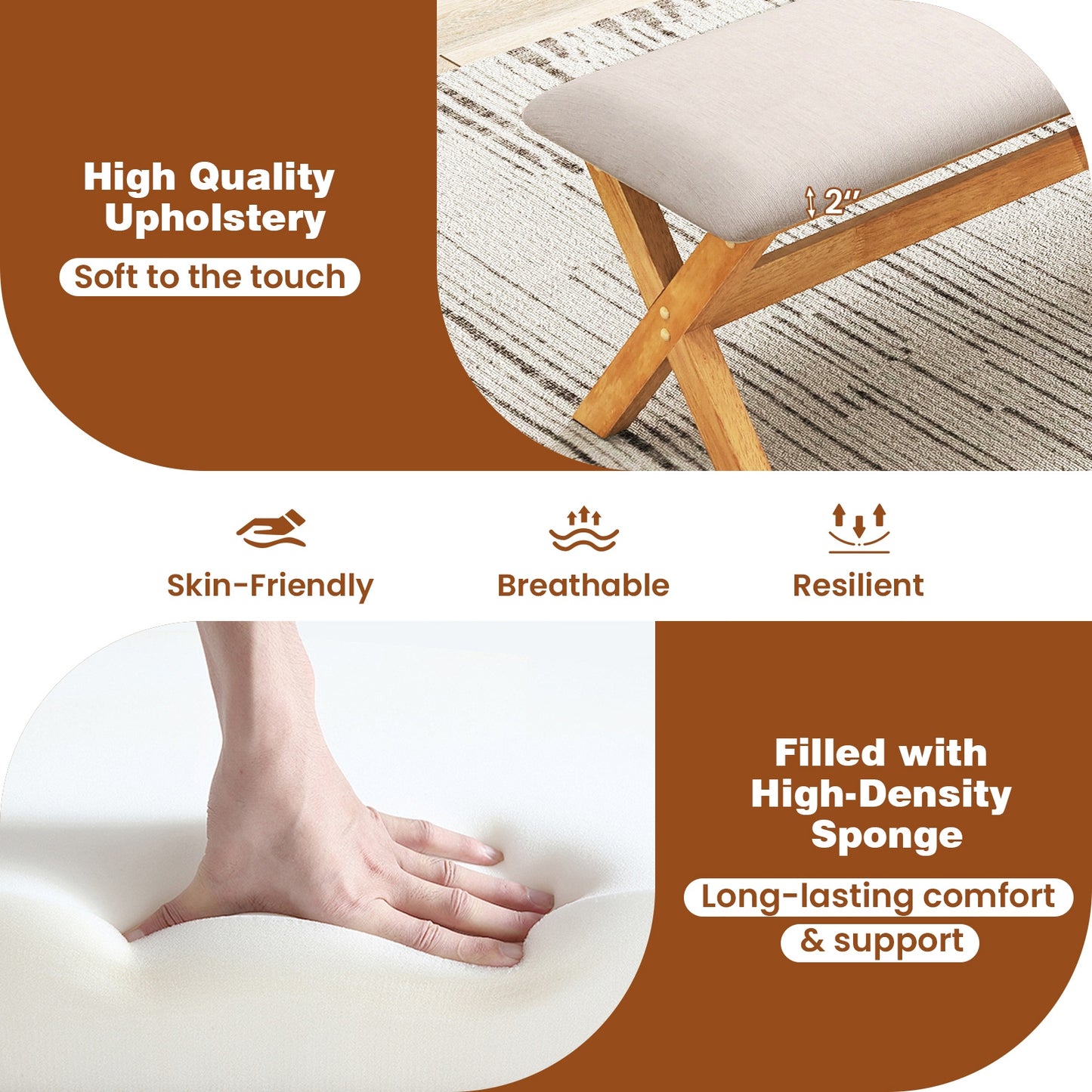 Upholstered Entryway Bench Rubber Wood Bench with Thick Padded Seat-Natural Kids Crystal