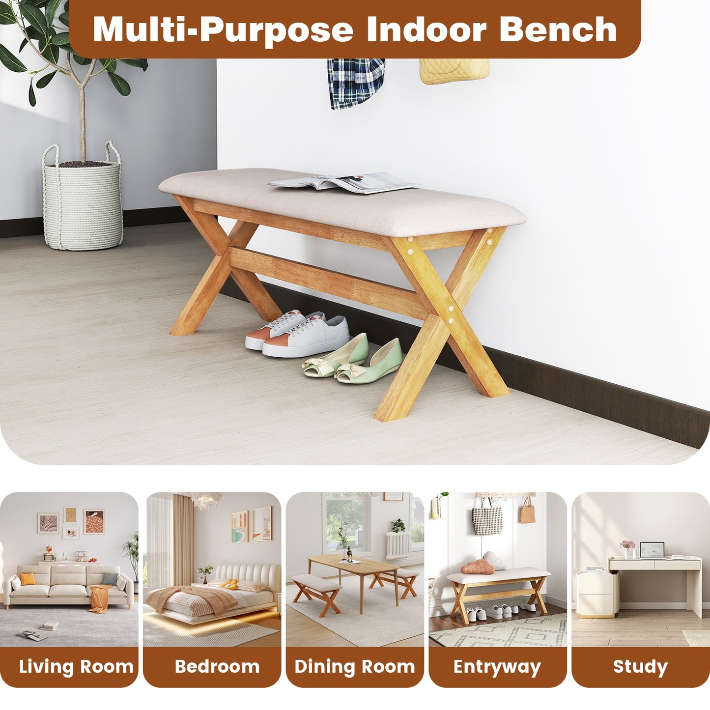 Upholstered Entryway Bench Rubber Wood Bench with Thick Padded Seat-Natural Kids Crystal