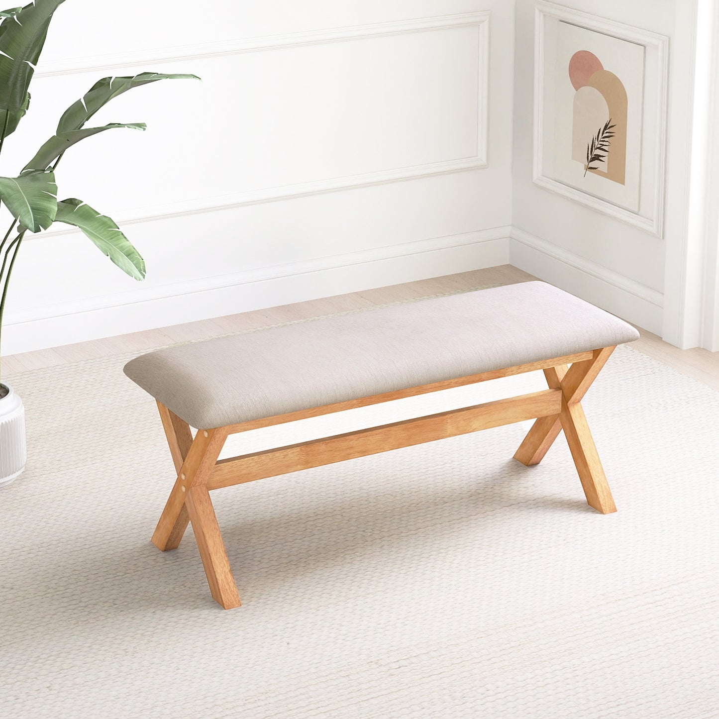Upholstered Entryway Bench Rubber Wood Bench with Thick Padded Seat-Natural Kids Crystal