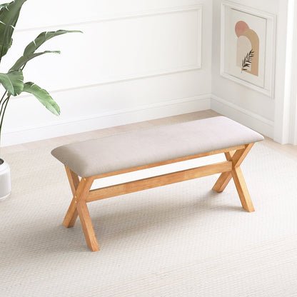 Upholstered Entryway Bench Rubber Wood Bench with Thick Padded Seat-Natural