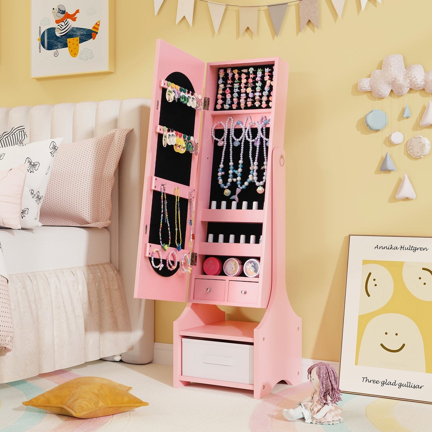 Freestanding Kids Jewelry Armoire Cabinet with Storage and 2 Tilt Angles-Pink Kids Crystal