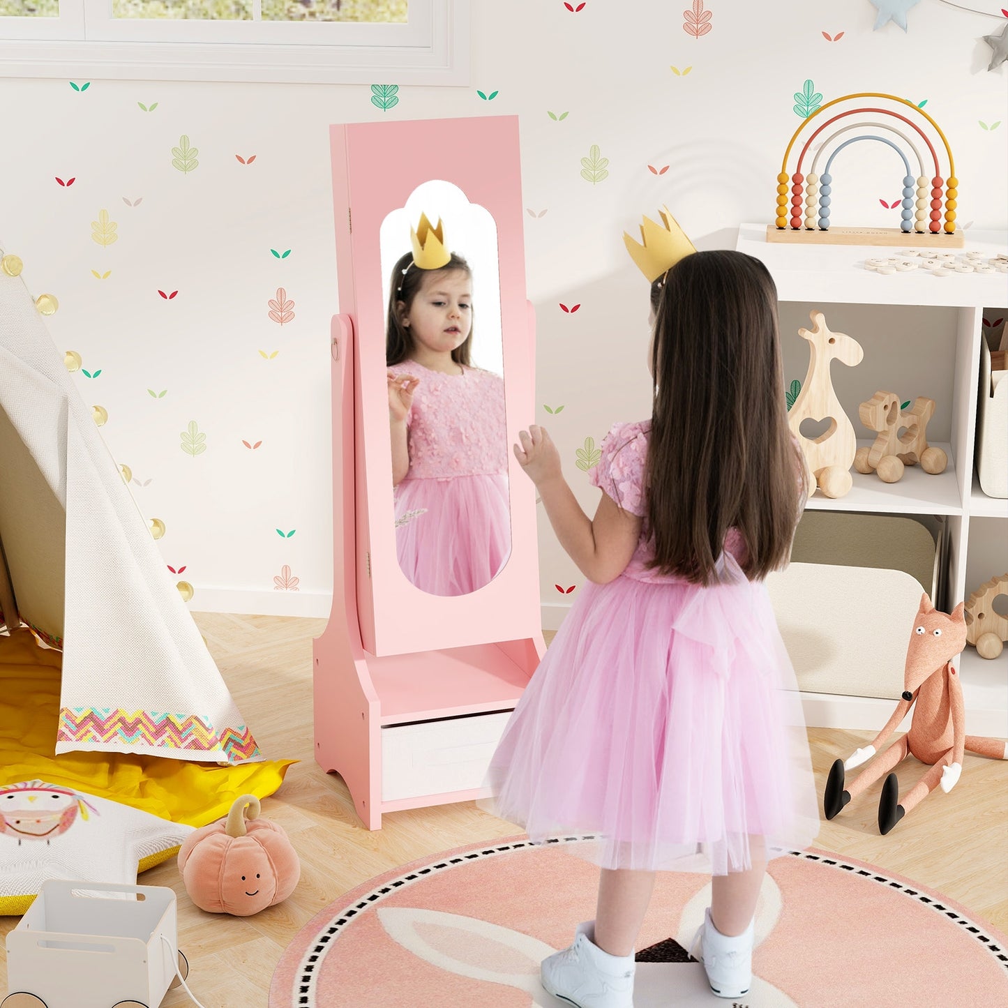 Freestanding Kids Jewelry Armoire Cabinet with Storage and 2 Tilt Angles-Pink Kids Crystal