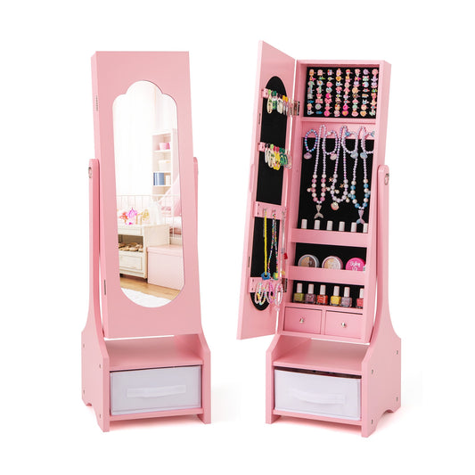 Freestanding Kids Jewelry Armoire Cabinet with Storage and 2 Tilt Angles-Pink Kids Crystal