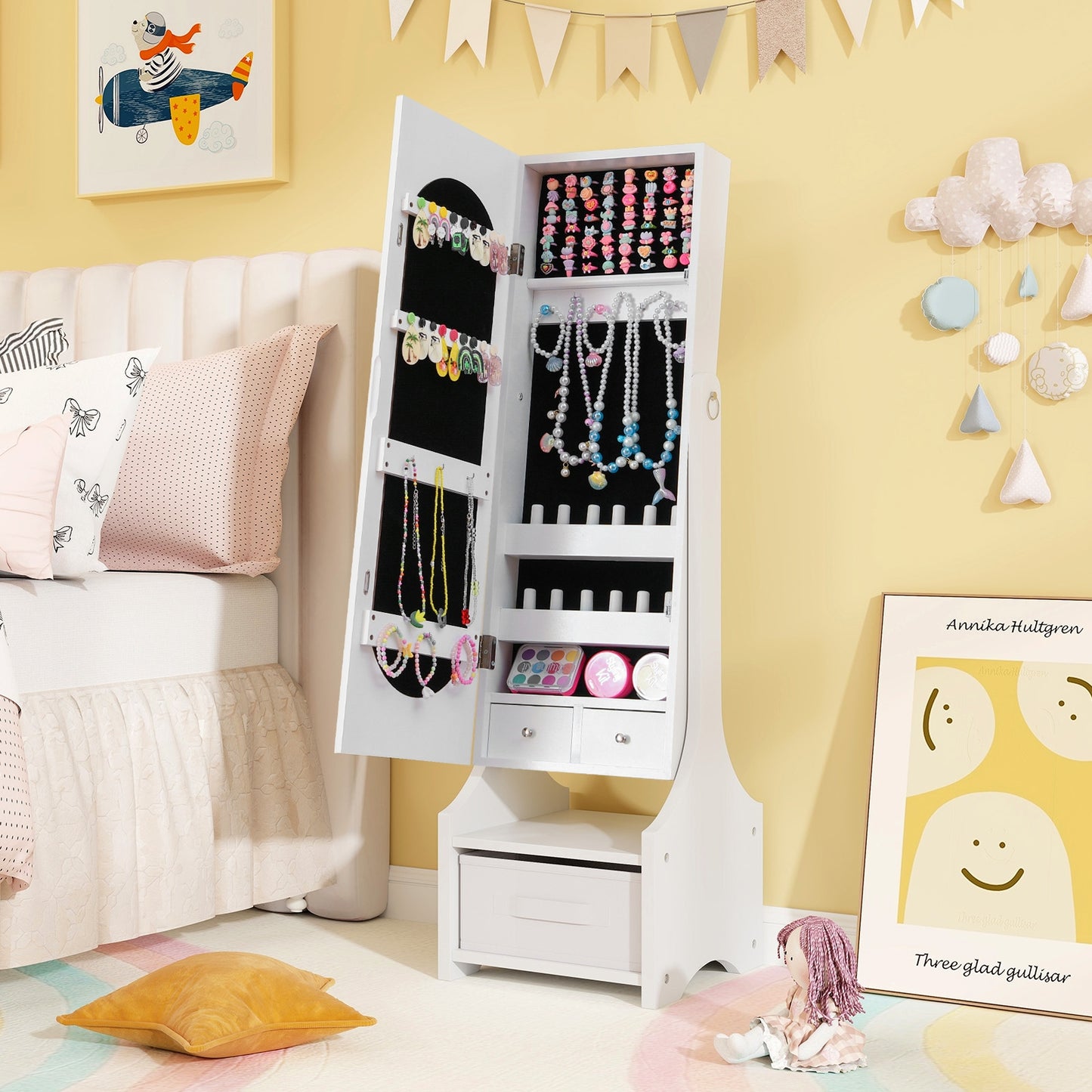 Freestanding Kids Jewelry Armoire Cabinet with Storage and 2 Tilt Angles-White Kids Crystal