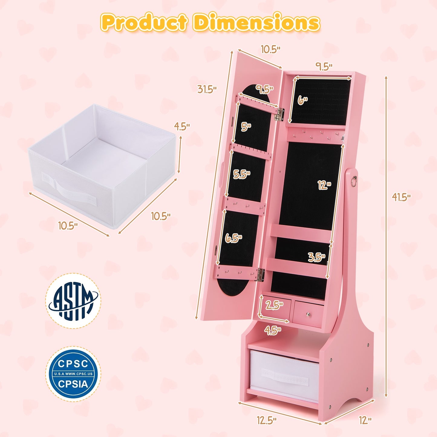 Freestanding Kids Jewelry Armoire Cabinet with Storage and 2 Tilt Angles-Pink Kids Crystal