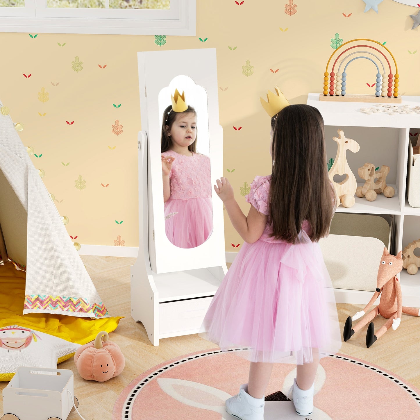 Freestanding Kids Jewelry Armoire Cabinet with Storage and 2 Tilt Angles-White Kids Crystal