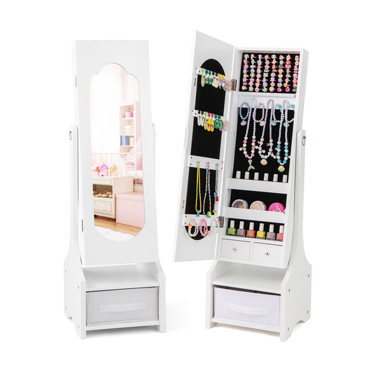 Freestanding Kids Jewelry Armoire Cabinet with Storage and 2 Tilt Angles-White Kids Crystal