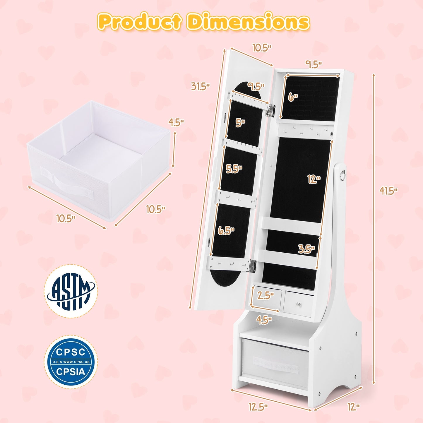 Freestanding Kids Jewelry Armoire Cabinet with Storage and 2 Tilt Angles-White Kids Crystal