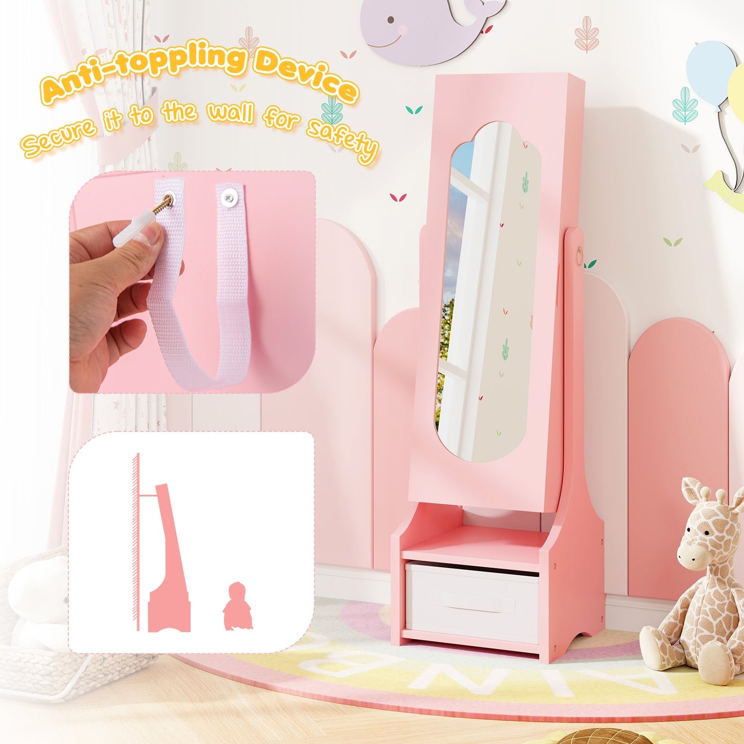 Freestanding Kids Jewelry Armoire Cabinet with Storage and 2 Tilt Angles-Pink Kids Crystal