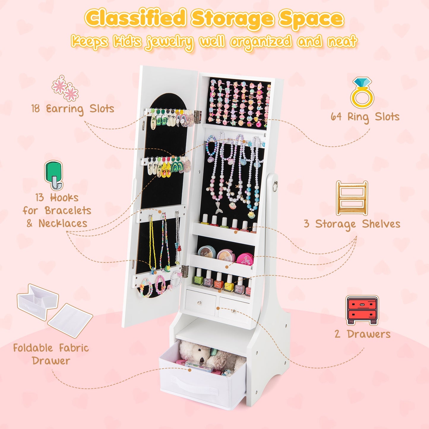 Freestanding Kids Jewelry Armoire Cabinet with Storage and 2 Tilt Angles-White Kids Crystal