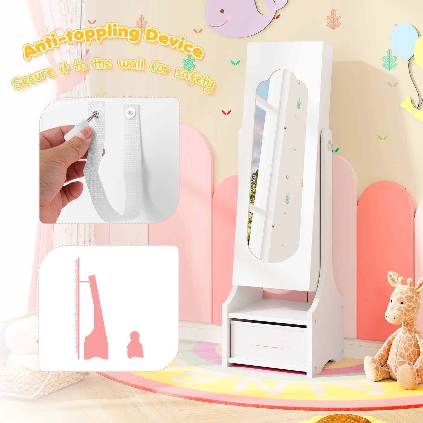Freestanding Kids Jewelry Armoire Cabinet with Storage and 2 Tilt Angles-White Kids Crystal