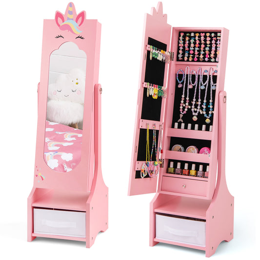 Kids Jewelry Cabinet with Full-Length Mirror for Kids Bedroom and Playroom-Pink Kids Crystal
