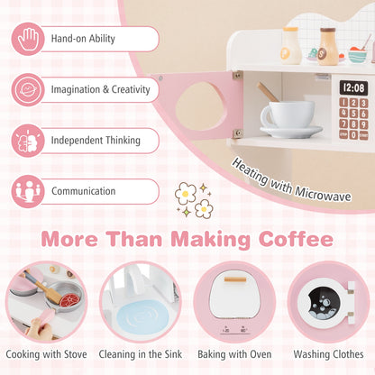 Wooden Kids Kitchen Playset with Coffee Maker for kids-Pink