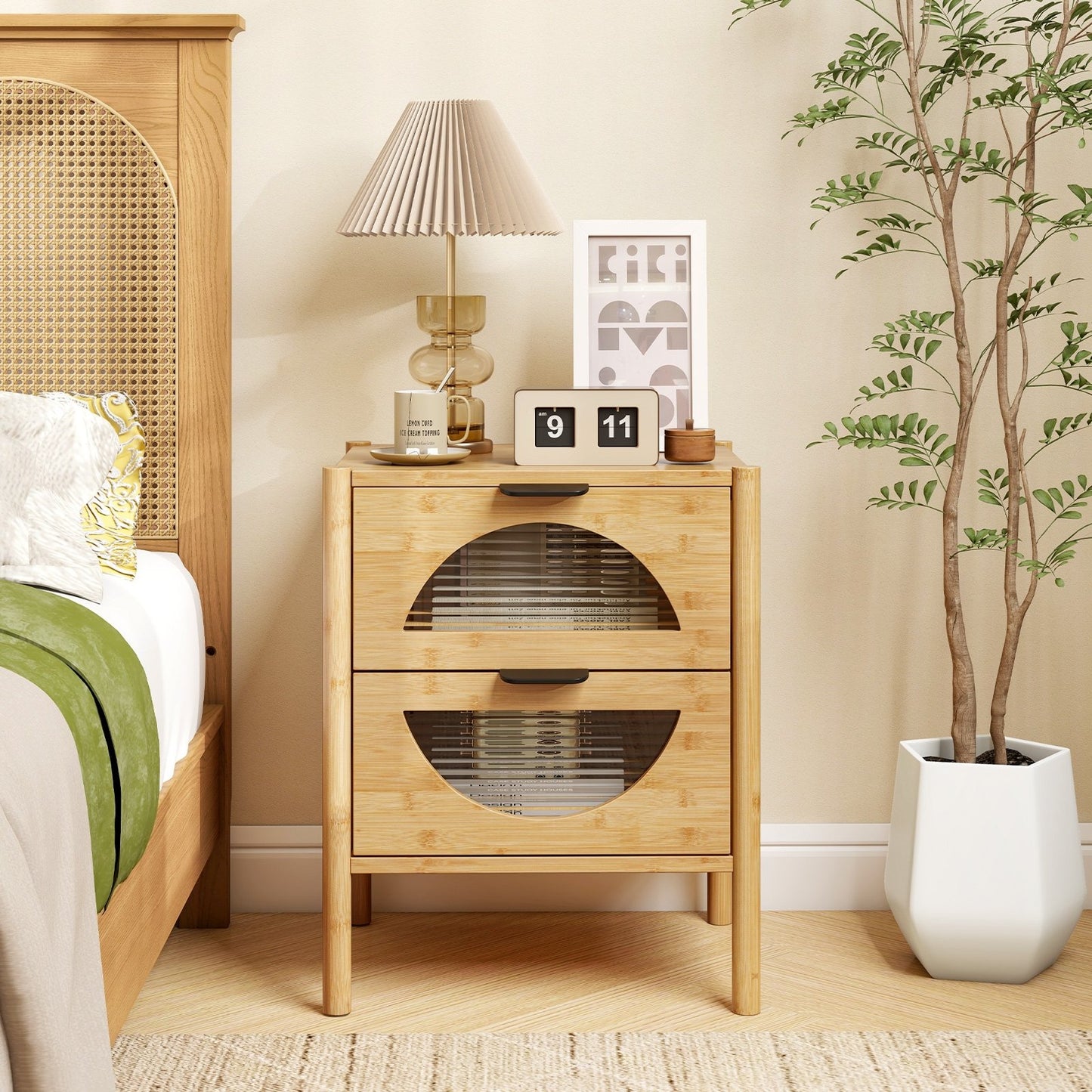 Bamboo Nightstand with 2 Storage Drawers and Reeded Tempered Glass Fronts-Natural Kids Crystal