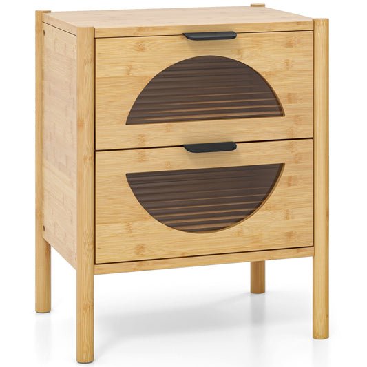 Bamboo Nightstand with 2 Storage Drawers and Reeded Tempered Glass Fronts-Natural Kids Crystal