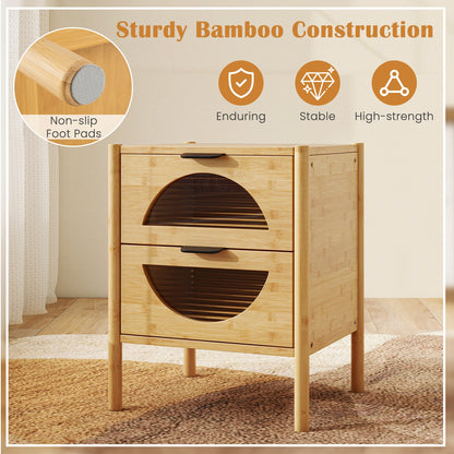 Bamboo Nightstand with 2 Storage Drawers and Reeded Tempered Glass Fronts-Natural
