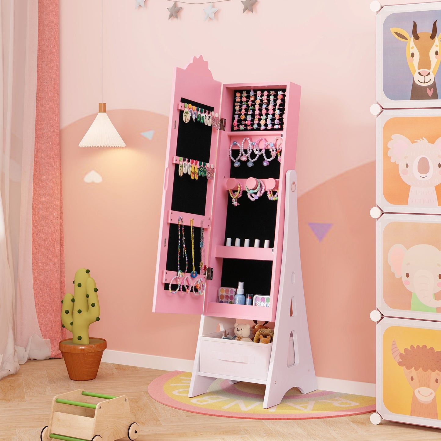 Kids Jewelry Cabinet with Full-Length Mirror and Foldable Drawer-Pink Kids Crystal