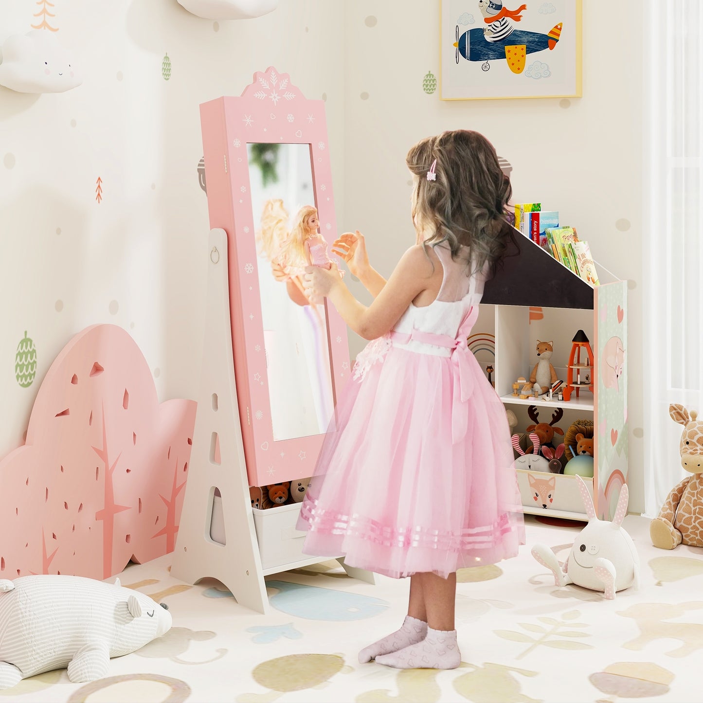 Kids Jewelry Cabinet with Full-Length Mirror and Foldable Drawer-Pink Kids Crystal