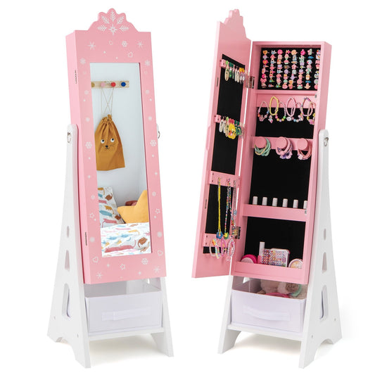 Kids Jewelry Cabinet with Full-Length Mirror and Foldable Drawer-Pink Kids Crystal