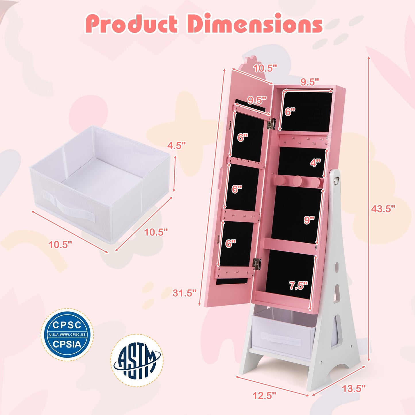 Kids Jewelry Cabinet with Full-Length Mirror and Foldable Drawer-Pink Kids Crystal
