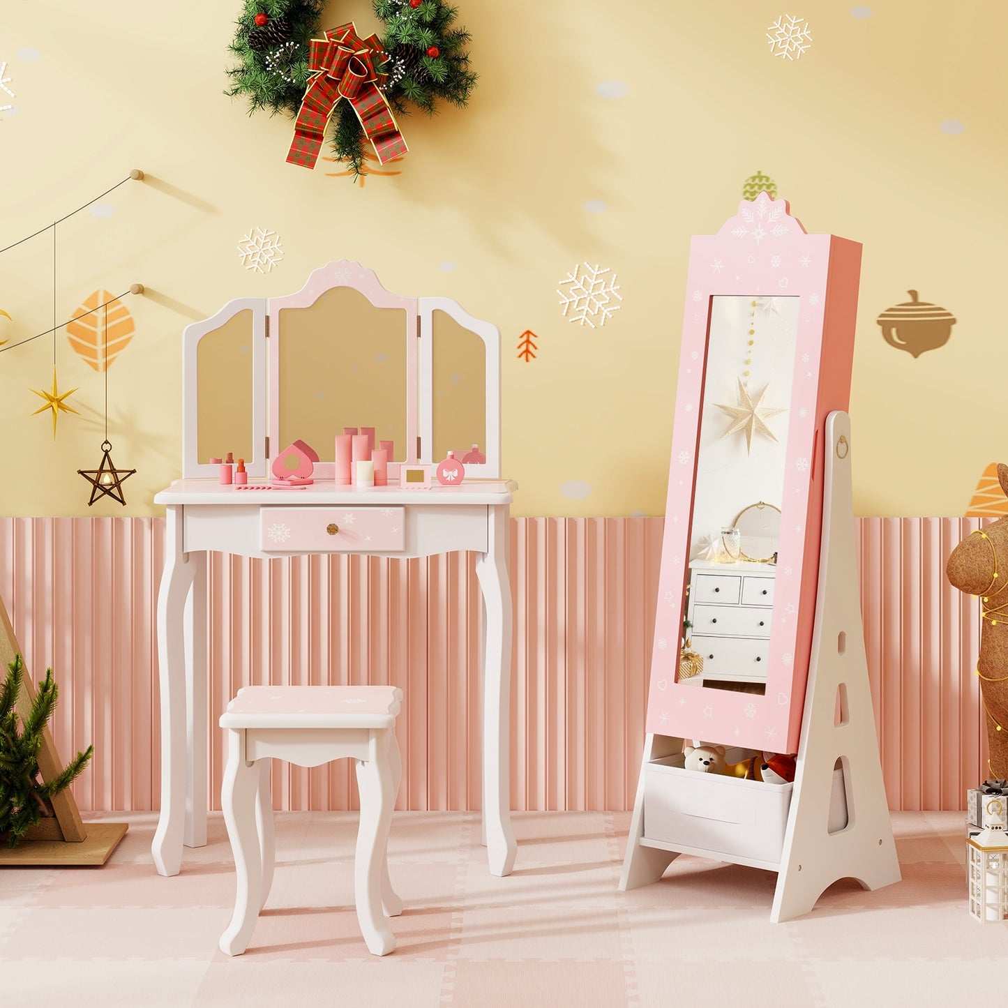 Kids Jewelry Cabinet with Full-Length Mirror and Foldable Drawer-Pink Kids Crystal