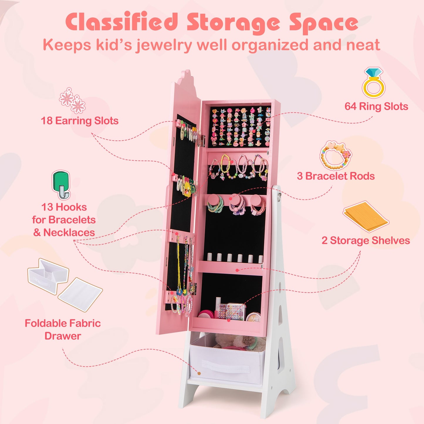 Kids Jewelry Cabinet with Full-Length Mirror and Foldable Drawer-Pink Kids Crystal