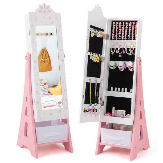 Kids Jewelry Cabinet with Full-Length Mirror and Foldable Drawer-White Kids Crystal