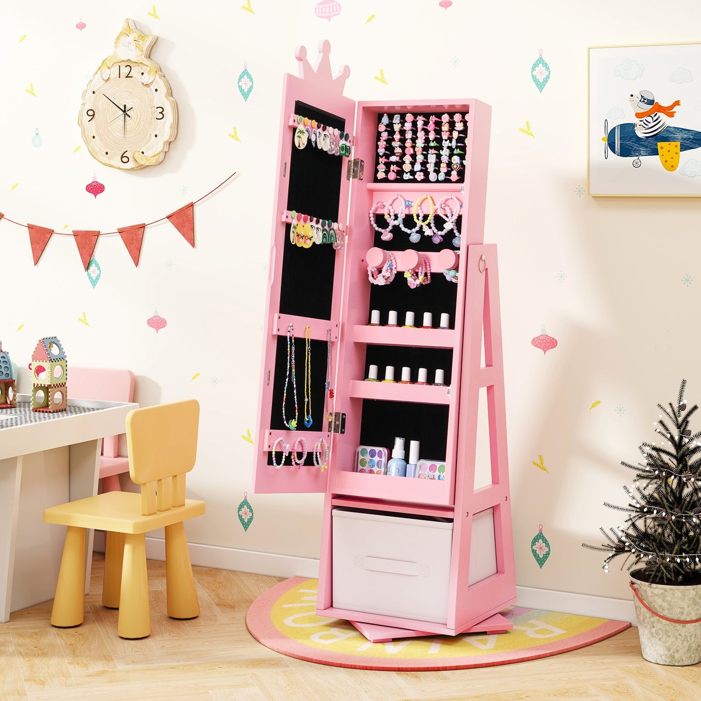 Kids Jewelry Armoire Cabinet with Large Storage Capacity and Swivel Base-Pink Kids Crystal