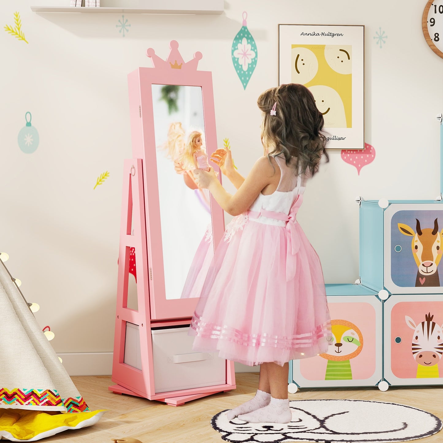 Kids Jewelry Armoire Cabinet with Large Storage Capacity and Swivel Base-Pink Kids Crystal