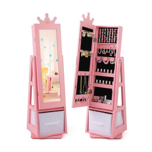 Kids Jewelry Armoire Cabinet with Large Storage Capacity and Swivel Base-Pink Kids Crystal