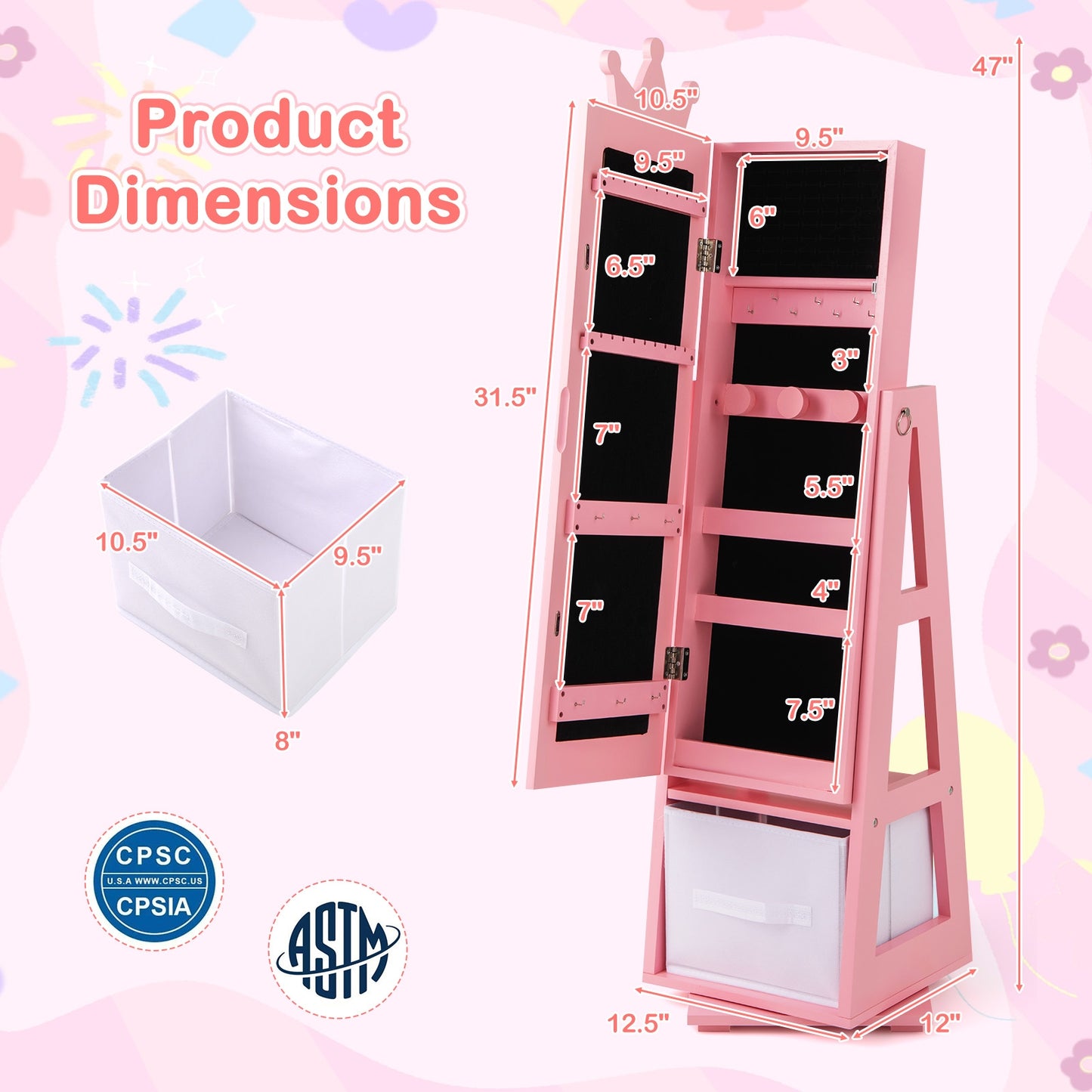 Kids Jewelry Armoire Cabinet with Large Storage Capacity and Swivel Base-Pink Kids Crystal
