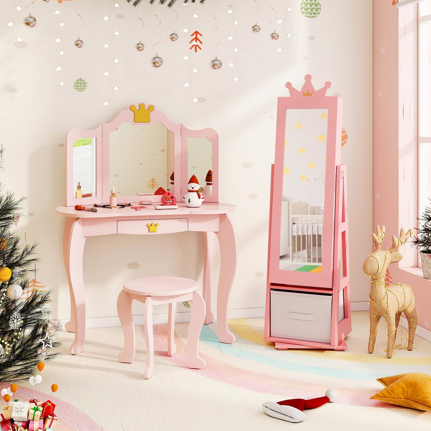 Kids Jewelry Armoire Cabinet with Large Storage Capacity and Swivel Base-Pink Kids Crystal