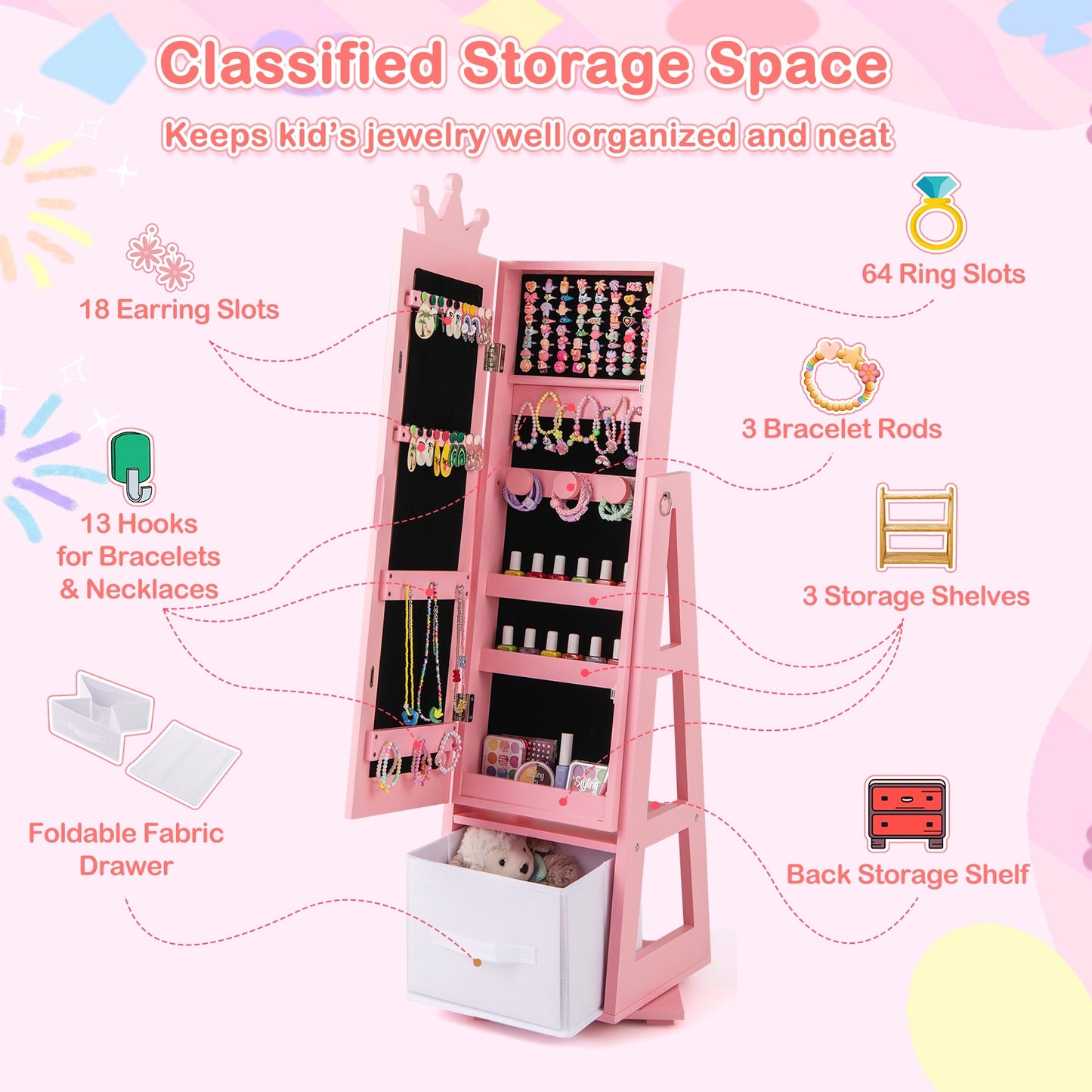 Kids Jewelry Armoire Cabinet with Large Storage Capacity and Swivel Base-Pink Kids Crystal