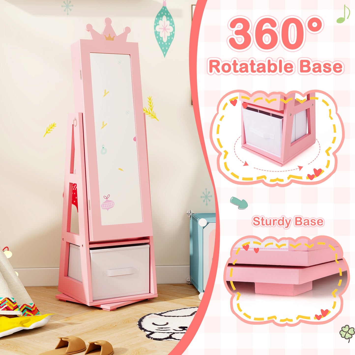 Kids Jewelry Armoire Cabinet with Large Storage Capacity and Swivel Base-Pink Kids Crystal