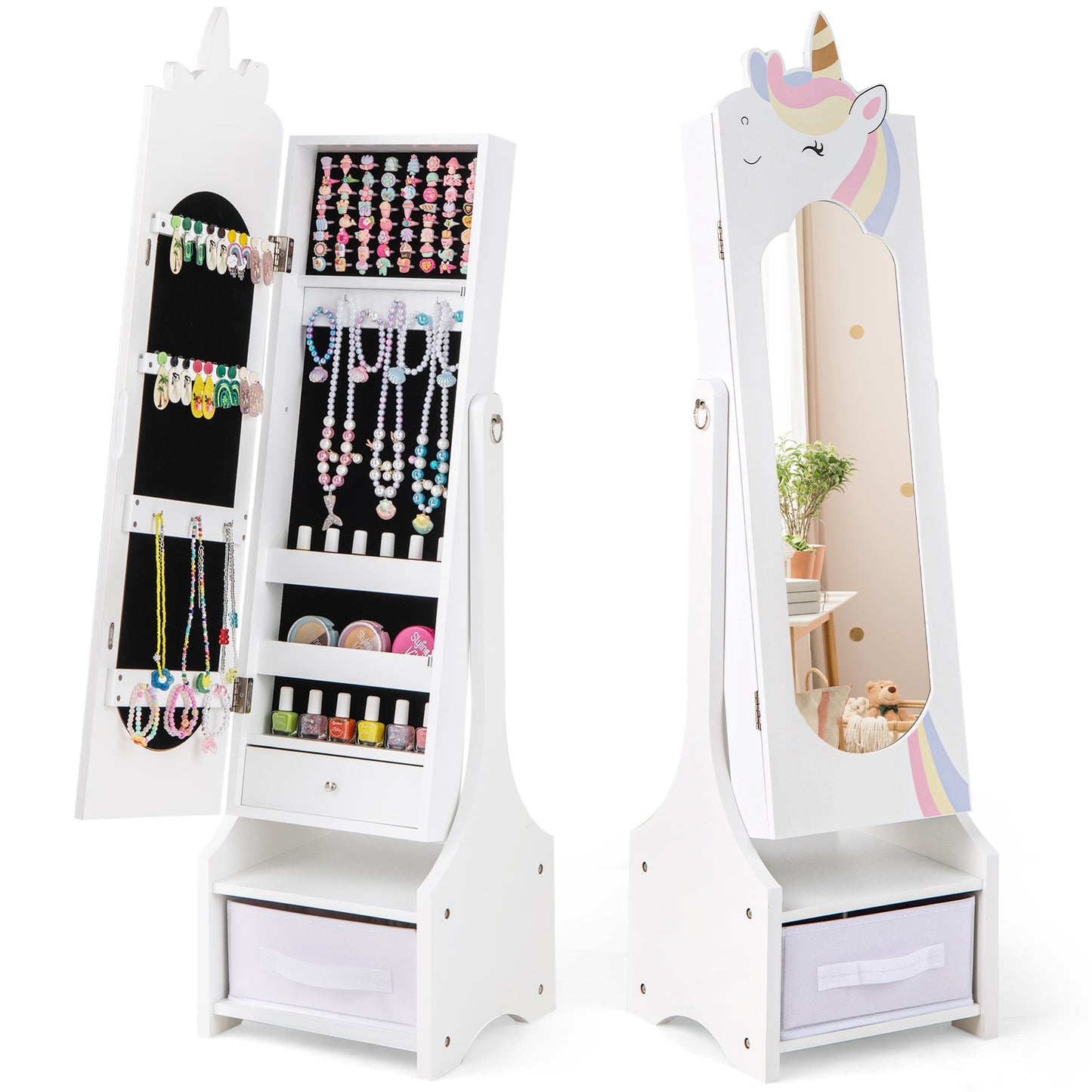Kids Jewelry Armoire Cabinet with Storage and 2 Tilt Angles-White Kids Crystal