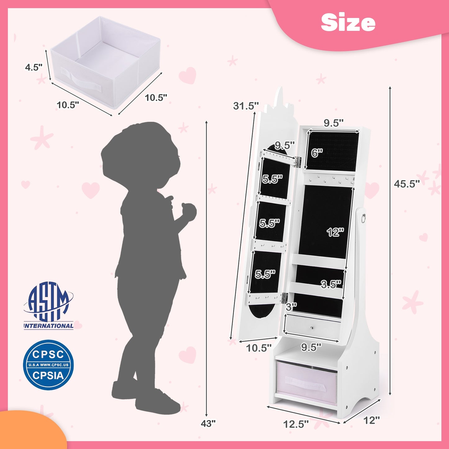 Kids Jewelry Armoire Cabinet with Storage and 2 Tilt Angles-White Kids Crystal