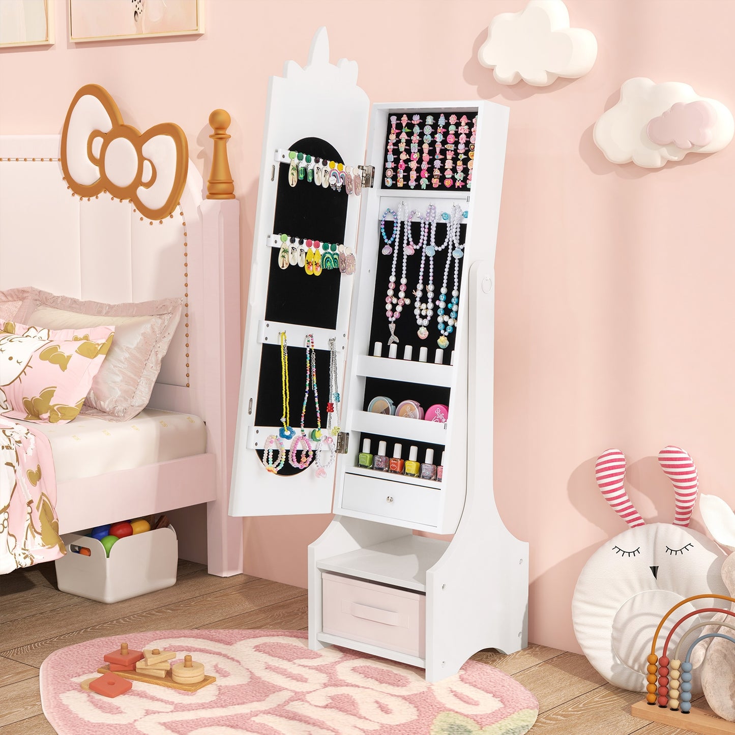 Kids Jewelry Armoire Cabinet with Storage and 2 Tilt Angles-White Kids Crystal