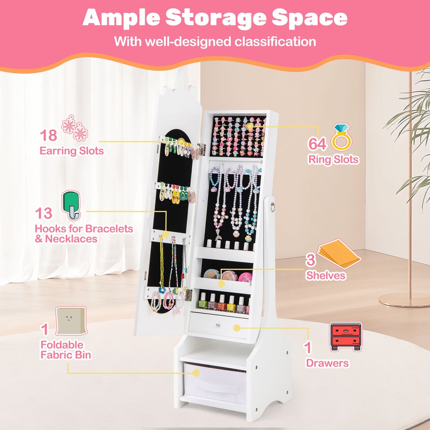 Kids Jewelry Armoire Cabinet with Storage and 2 Tilt Angles-White Kids Crystal