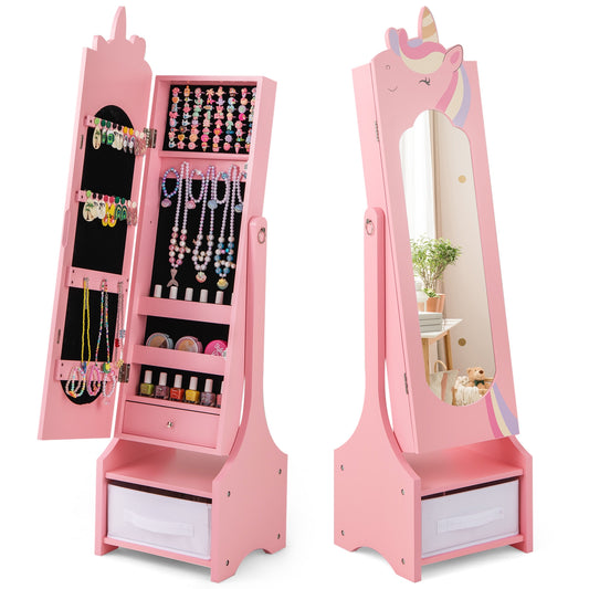 Kids Jewelry Armoire Cabinet with Storage and 2 Tilt Angles-Pink Kids Crystal