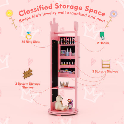 Free-Standing Full Length Mirror Kids Jewelry Armoire Cabinet-Pink