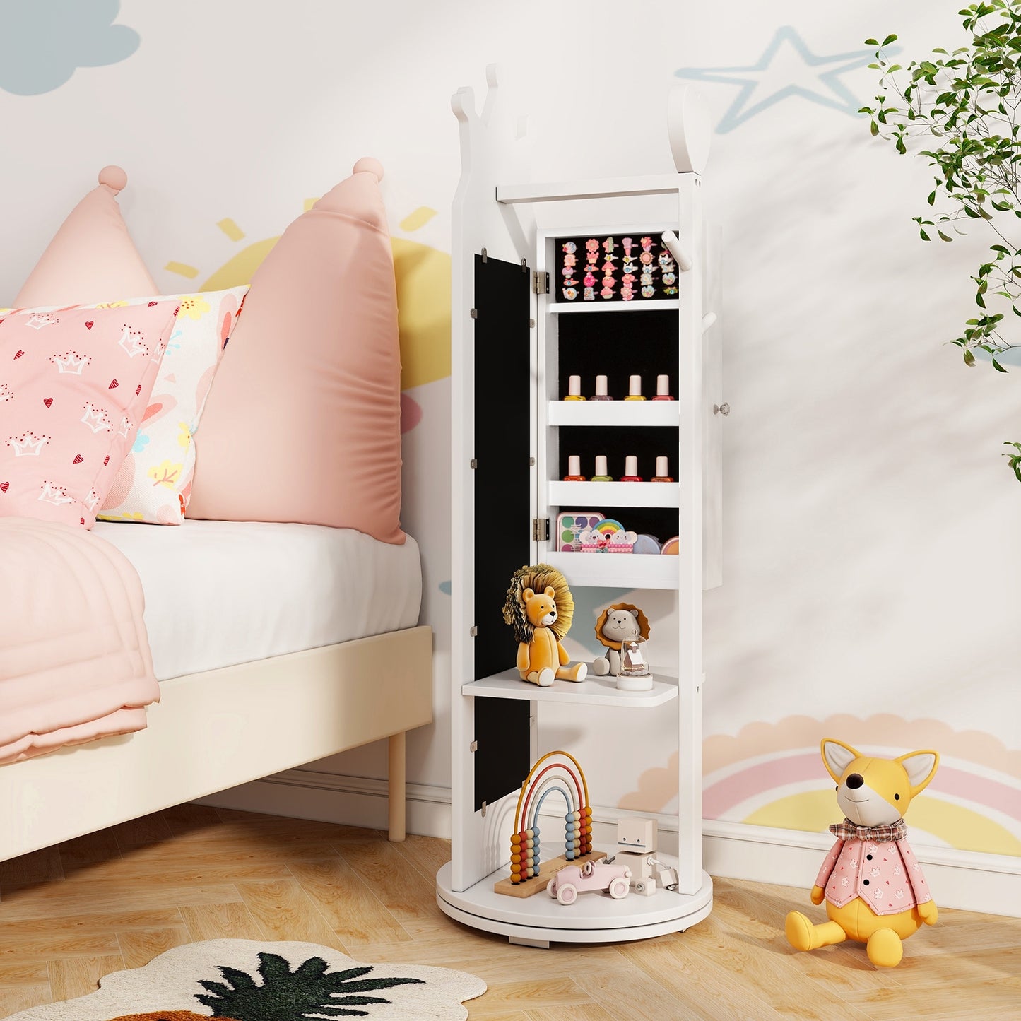 Free-Standing Full Length Mirror Kids Jewelry Armoire Cabinet-White Kids Crystal