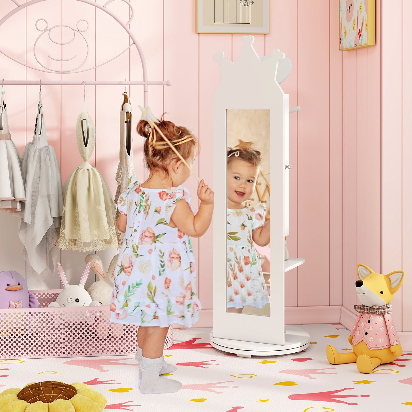 Free-Standing Full Length Mirror Kids Jewelry Armoire Cabinet-White Kids Crystal