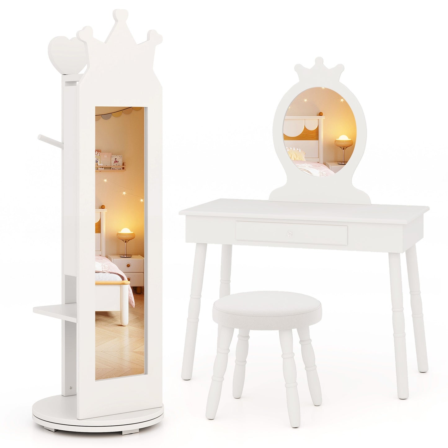Free-Standing Full Length Mirror Kids Jewelry Armoire Cabinet-White Kids Crystal