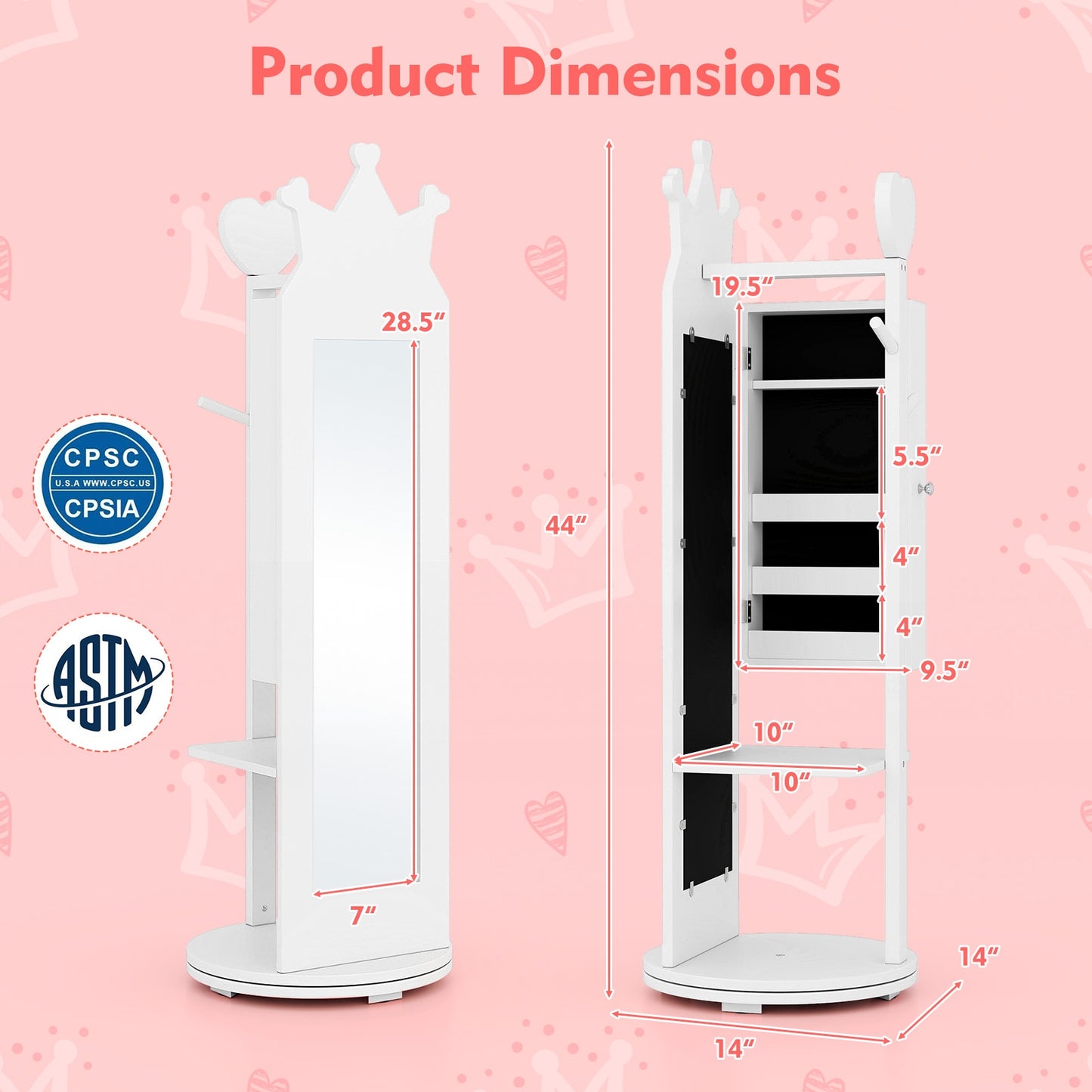 Free-Standing Full Length Mirror Kids Jewelry Armoire Cabinet-White Kids Crystal